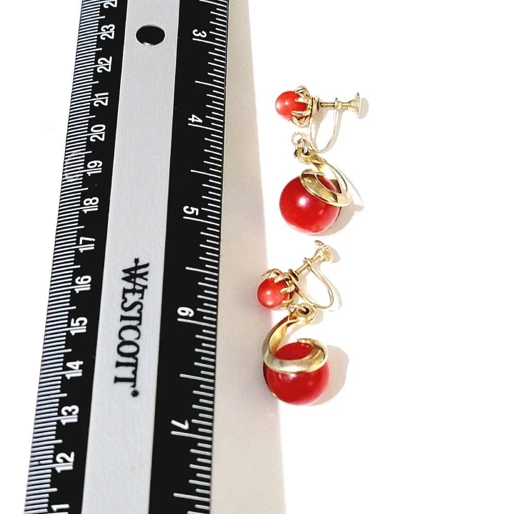 Vintage Mid-century Pink-Red Moonstone Dangle Earrings Screw Back sb-30